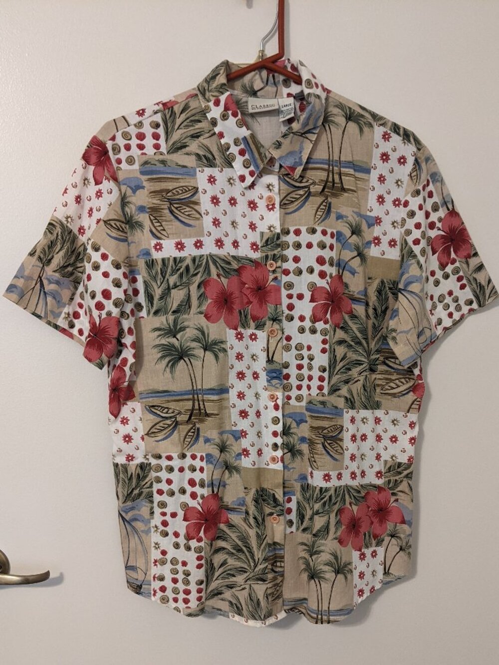 Women's Floral Coastal Chic L Button Up Shirt SS Cotton USA Tropical Beach